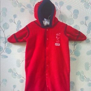 Red Hooded Baby Onesie with Embroidery